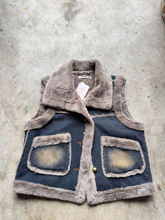 Vtg Denim Fur Jacket